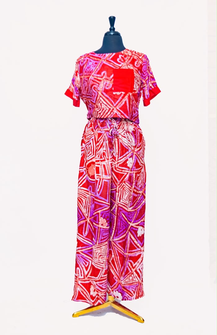 African Batik Co-ord Set — Crimson Red Geometric Print with Pocket Crop Top & Wide-Leg Trousers