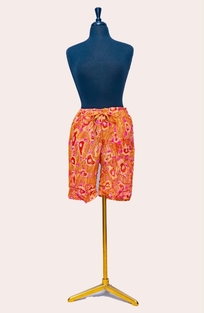 African Batik Drawstring Shorts — Sunset Orange & Pink Triangle Print