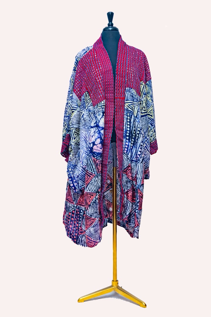 African Batik & Aso Oke Kimono Robe — Red Woven Bodice with Navy & Coral Triangle Batik