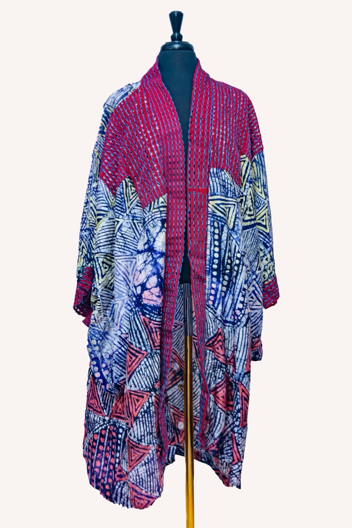 African Batik & Aso Oke Kimono Robe — Red Woven Bodice with Navy & Coral Triangle Batik