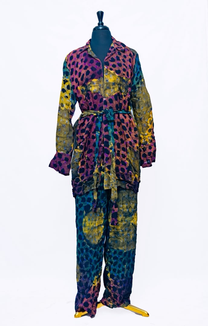 African Batik Co-ord Set — Purple & Gold Spot Print with Belted Shirt & Wide-Leg Trousers