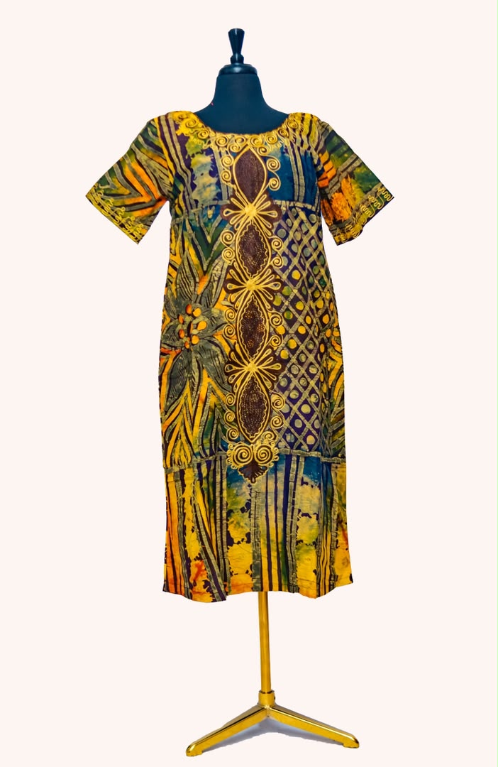 African Batik Midi Dress & Wrap Set — Golden Yellow Stripe & Diamond Lattice with Gold Medallion Embroidery