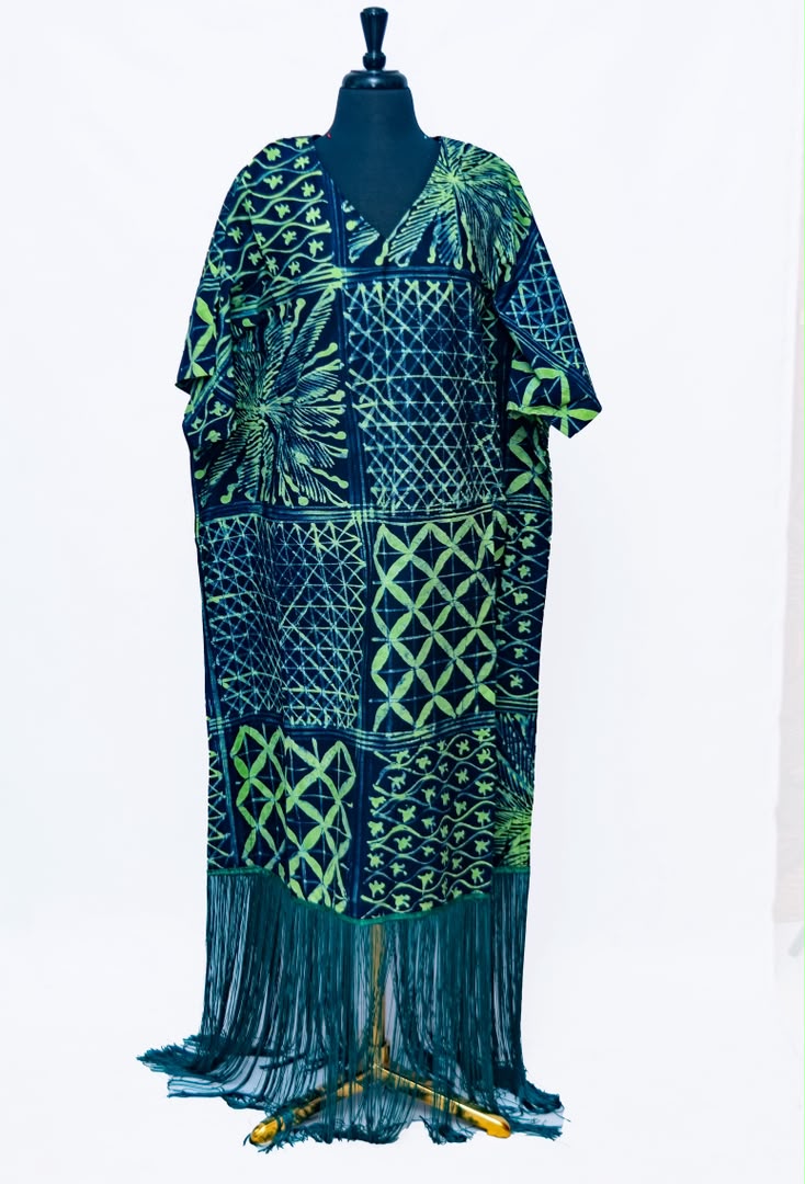 African Batik Kaftan — Navy & Lime Patchwork Print with Teal Fringe Hem