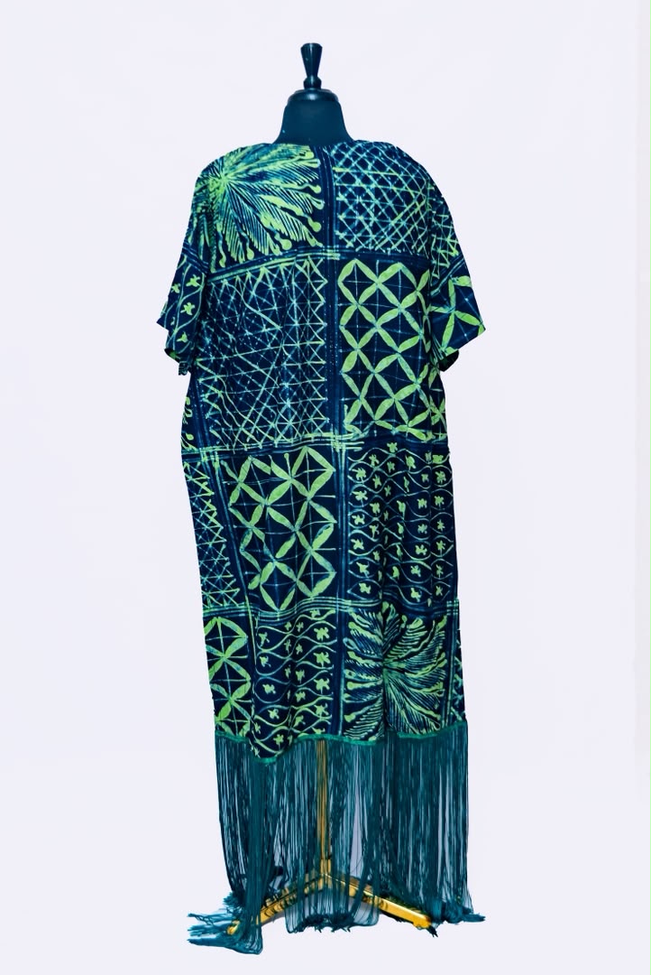 African Batik Kaftan — Navy & Lime Patchwork Print with Teal Fringe Hem