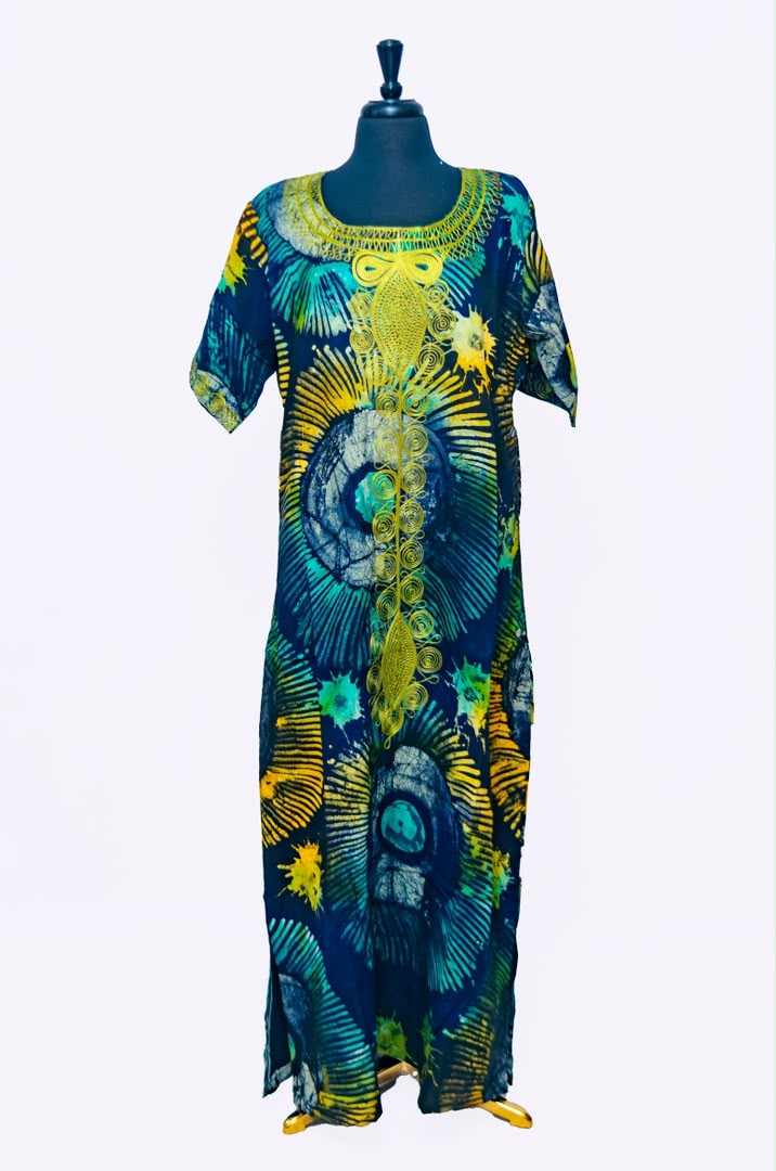 African Batik Maxi Dress — Sunburst & Starburst Print with Gold Embroidered Centre Placket
