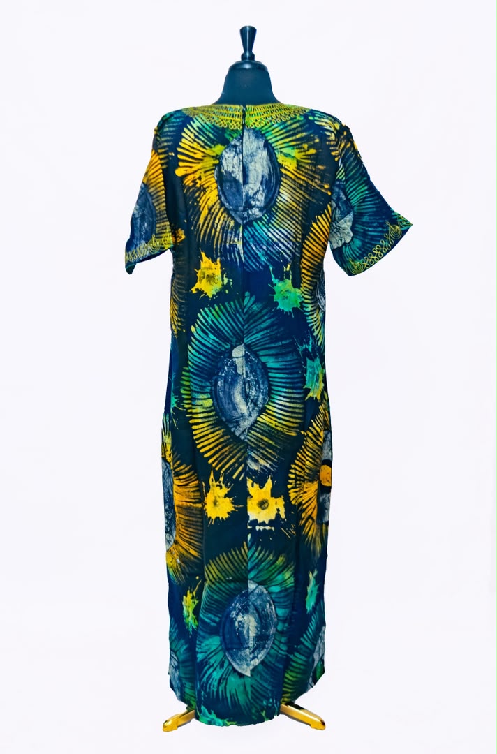 African Batik Maxi Dress — Sunburst & Starburst Print with Gold Embroidered Centre Placket