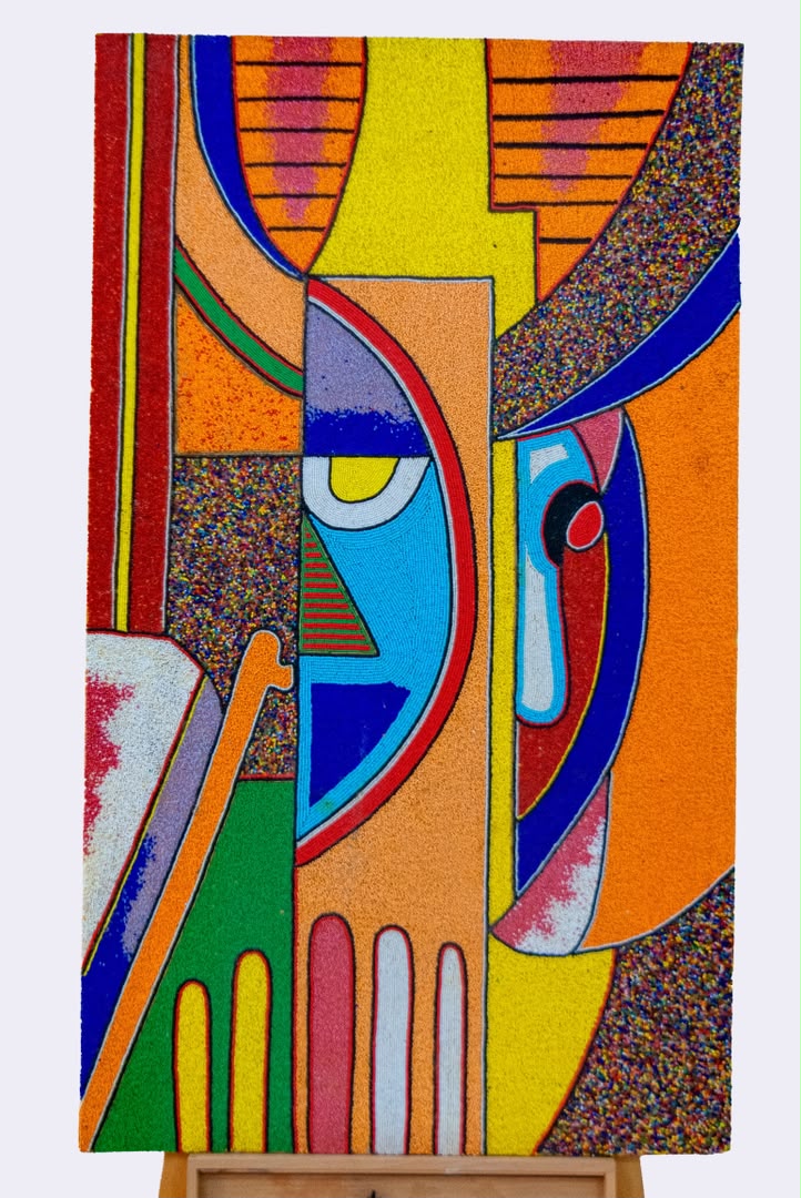 African Abstract Eye — Original Beaded Painting on Wood