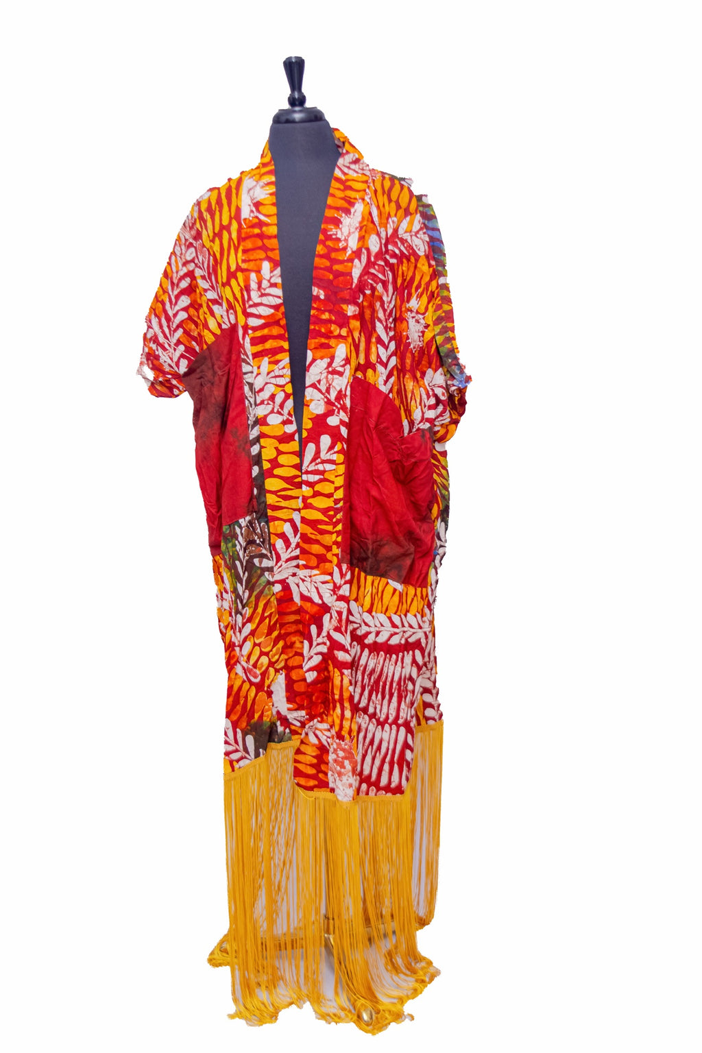 African Batik Kaftan — Red & Orange Leaf Print with Yellow Fringe Hem