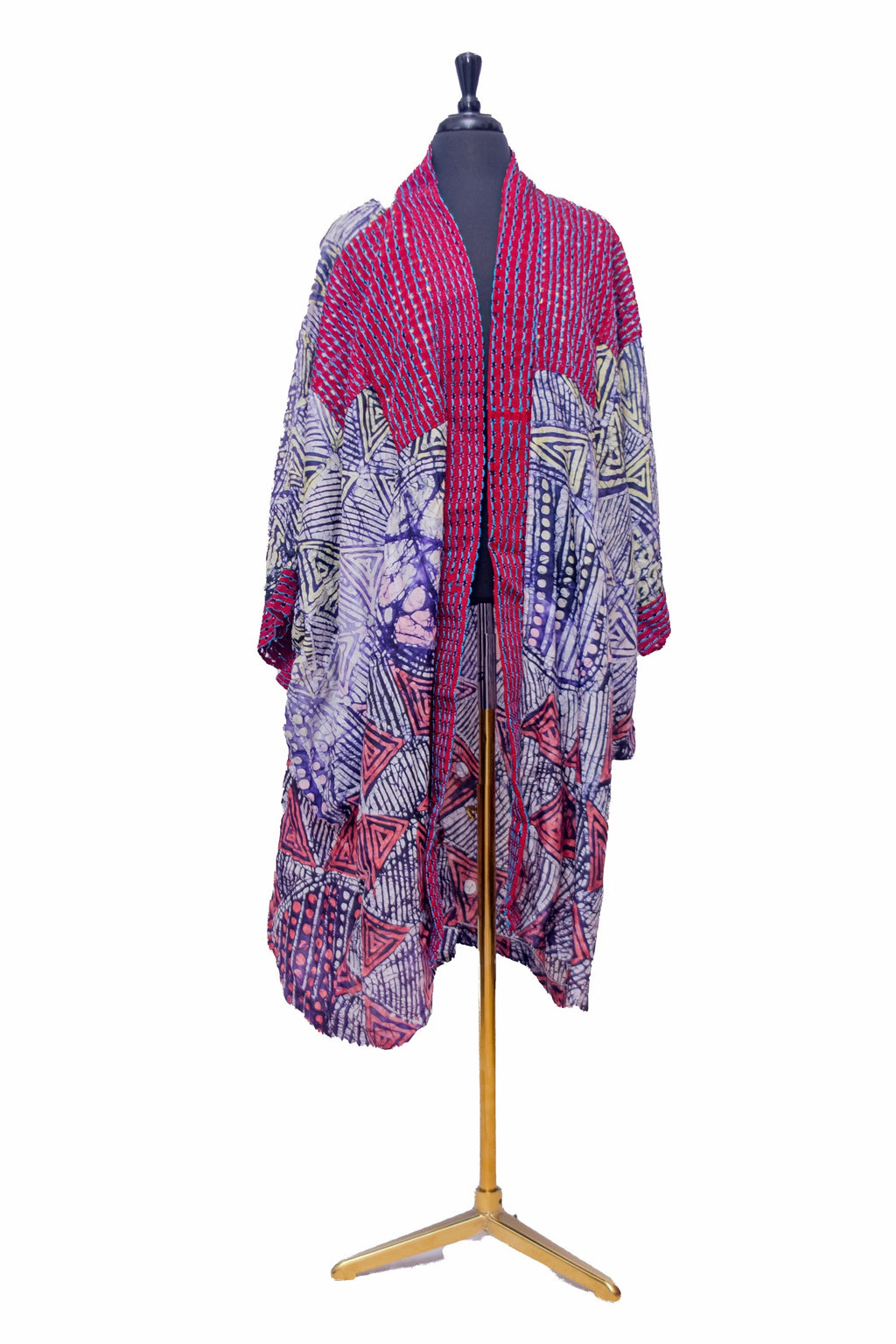 African Batik & Aso Oke Kimono Robe — Red Woven Bodice with Navy & Coral Triangle Batik