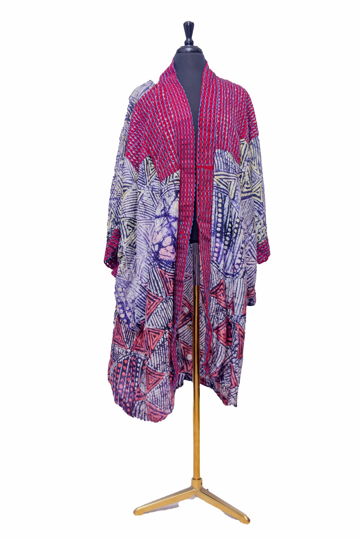 African Batik & Aso Oke Kimono Robe — Red Woven Bodice with Navy & Coral Triangle Batik