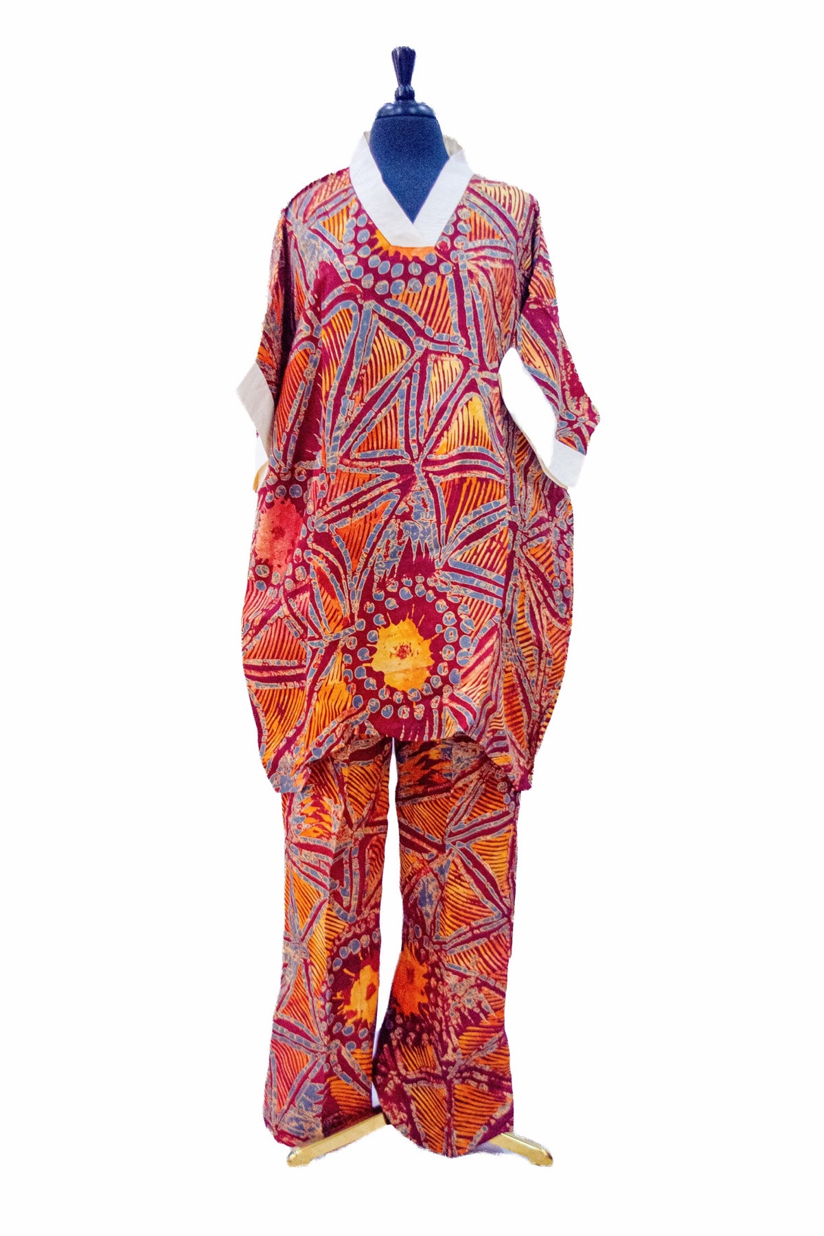 African Batik Co-ord Set — Crimson & Orange Sunburst Web Print Kaftan Top & Wide-Leg Trousers with Cream Trim