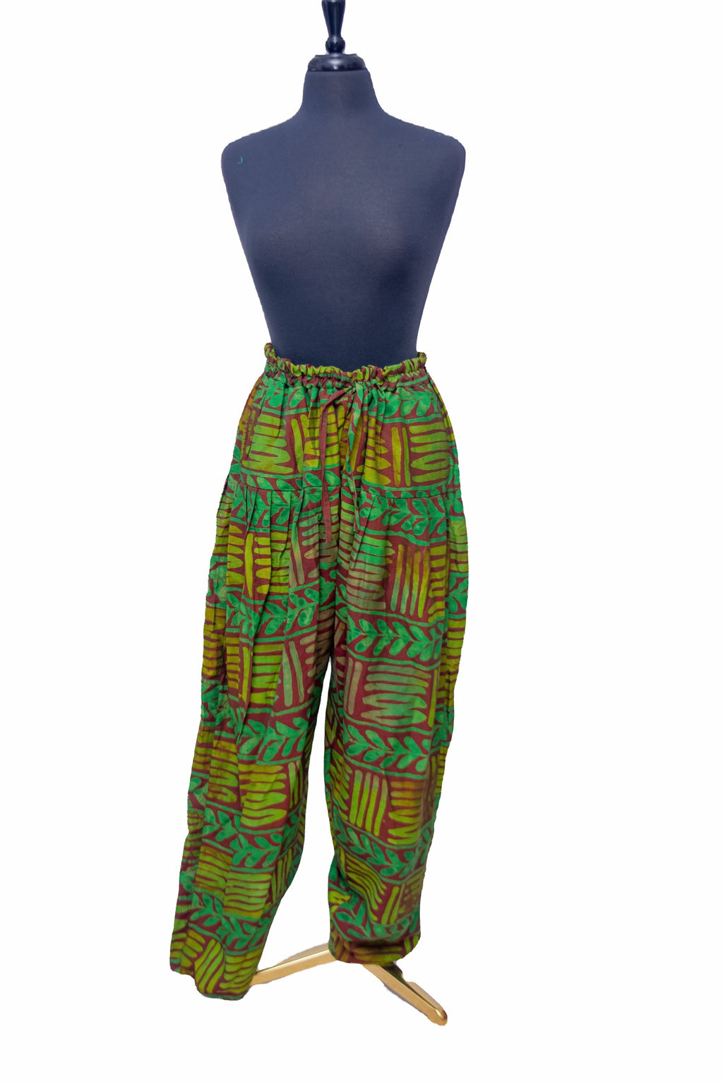 African Batik Drawstring Trousers — Rust & Green Fern Leaf Print