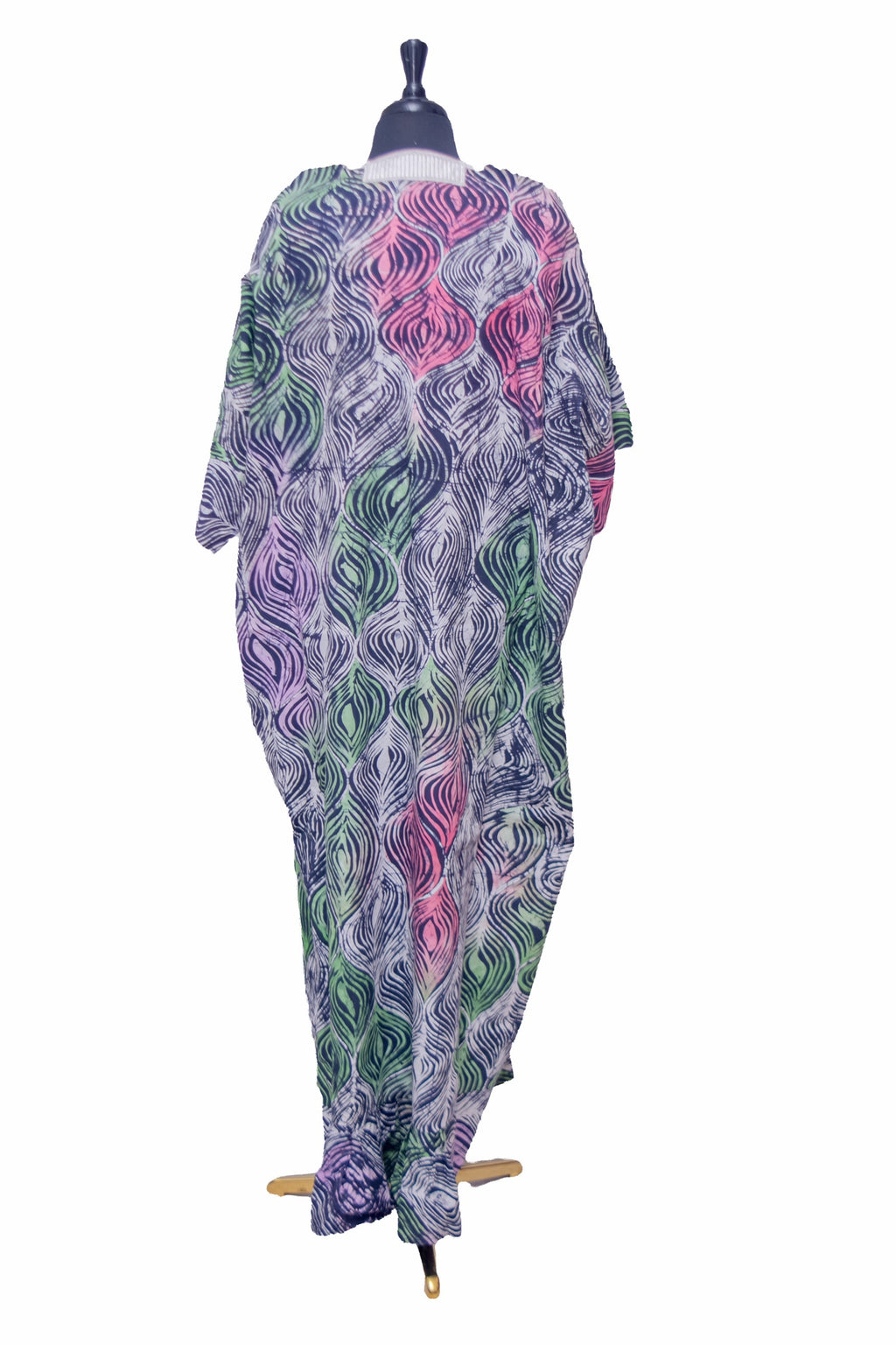 African Batik Oversized Kaftan — Grey & Purple Peacock Print with Embroidered V-Neck Yoke
