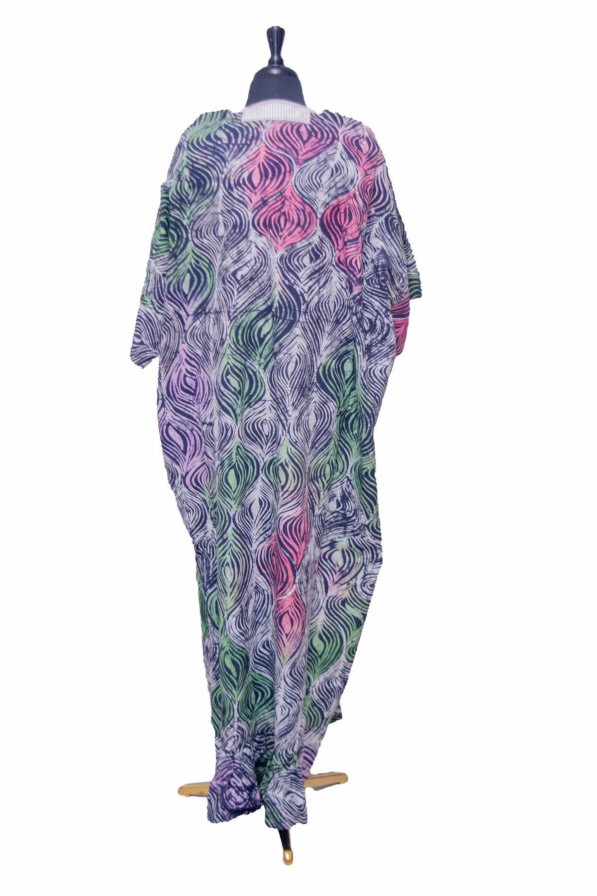 African Batik Oversized Kaftan — Grey & Purple Peacock Print with Embroidered V-Neck Yoke