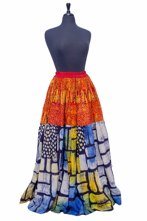 African Batik Patchwork Tiered Maxi Skirt — Red/Orange & Indigo Blocks