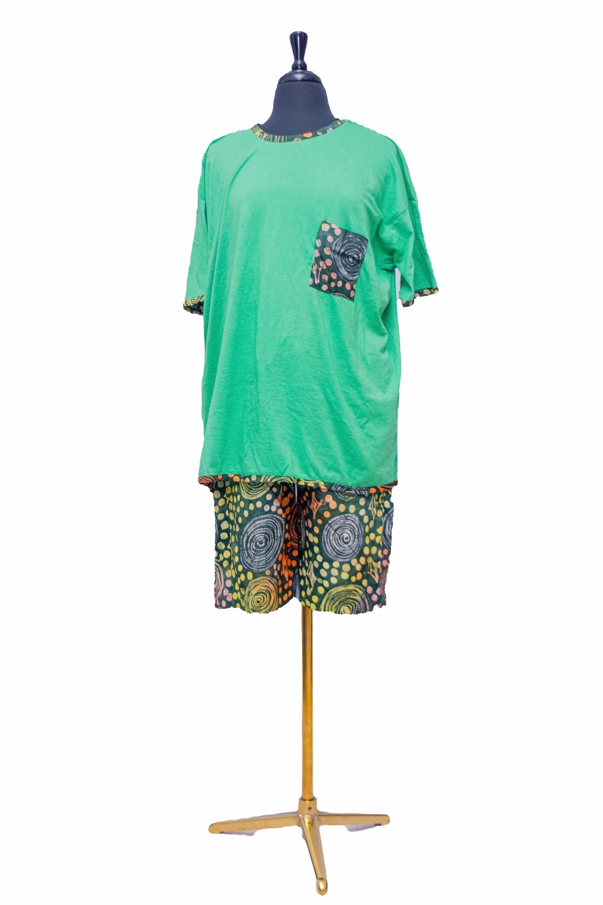 African Batik Co-ord Set — Green Tunic & Spiral Print Shorts