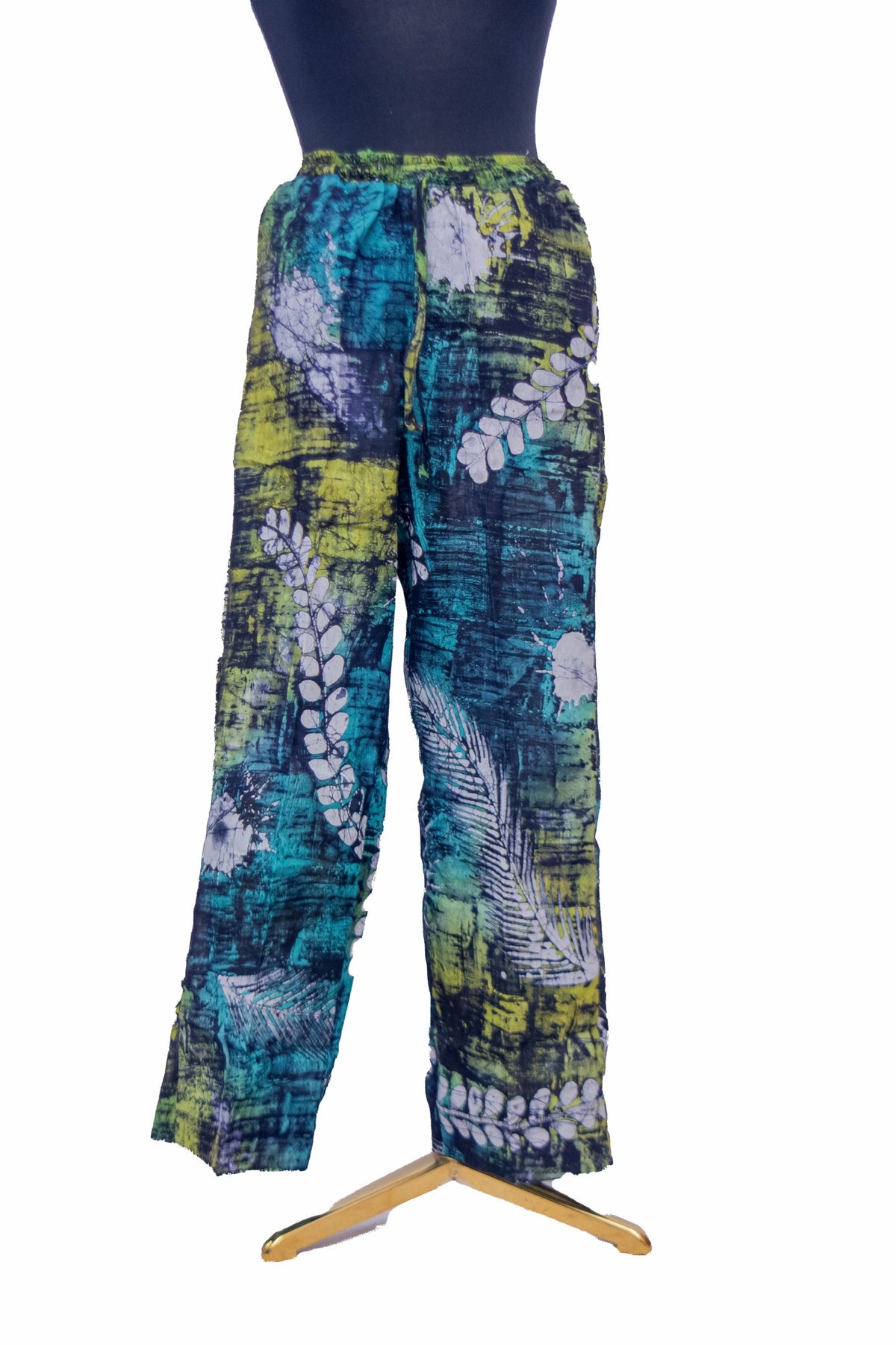 African Batik Drawstring Trousers — Teal & Lime Fern Leaf Print
