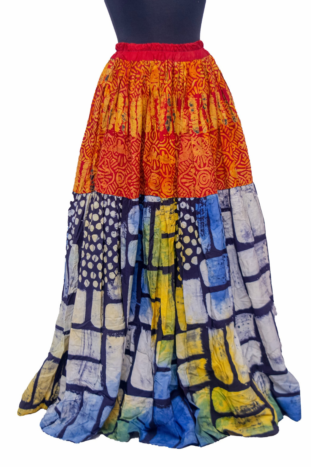 African Batik Patchwork Tiered Maxi Skirt — Red/Orange & Indigo Blocks