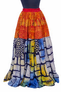 African Batik Patchwork Tiered Maxi Skirt — Red/Orange & Indigo Blocks