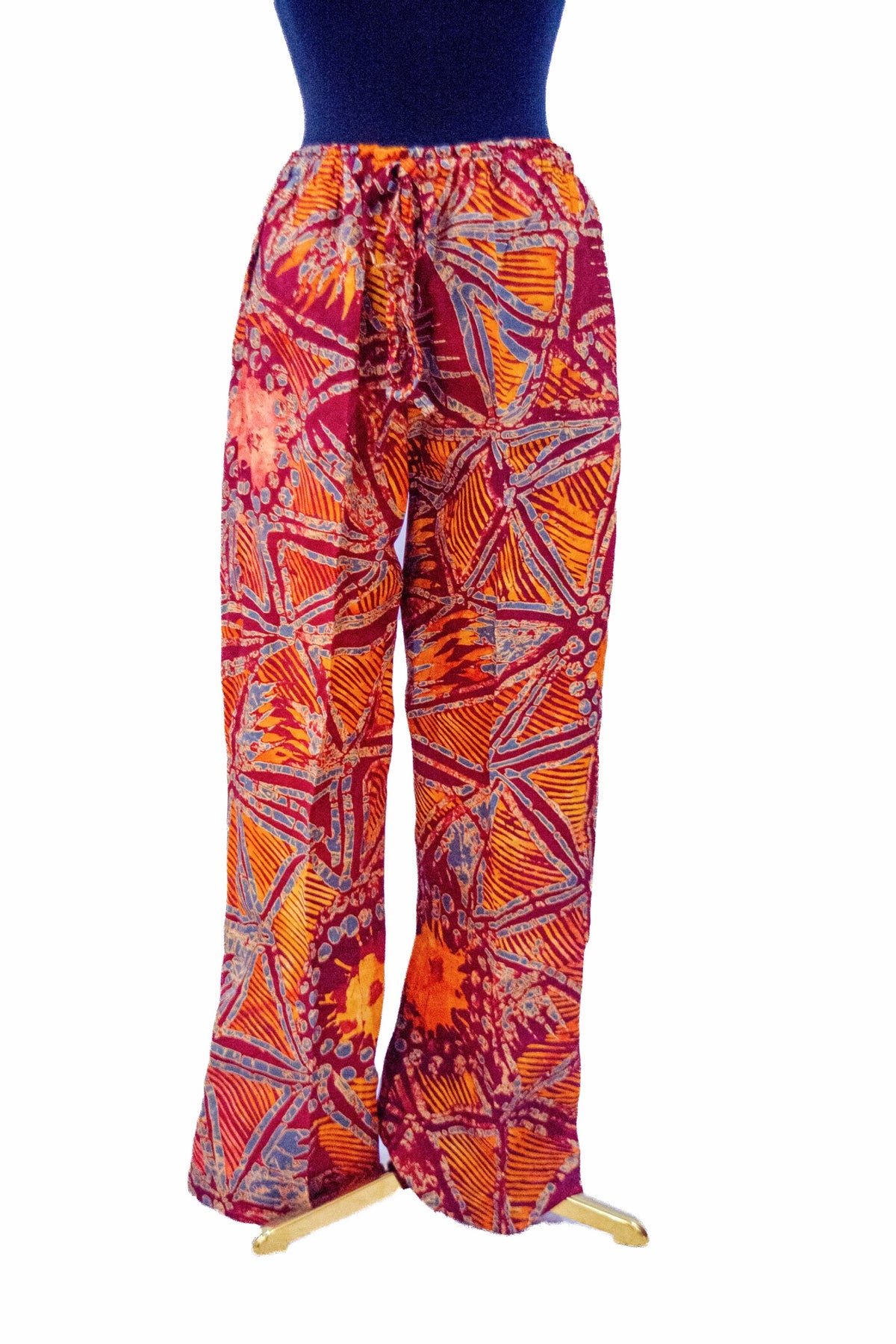 African Batik Co-ord Set — Crimson & Orange Sunburst Web Print Kaftan Top & Wide-Leg Trousers with Cream Trim