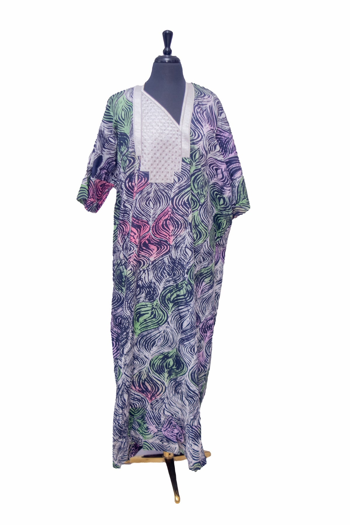 African Batik Oversized Kaftan — Grey & Purple Peacock Print with Embroidered V-Neck Yoke