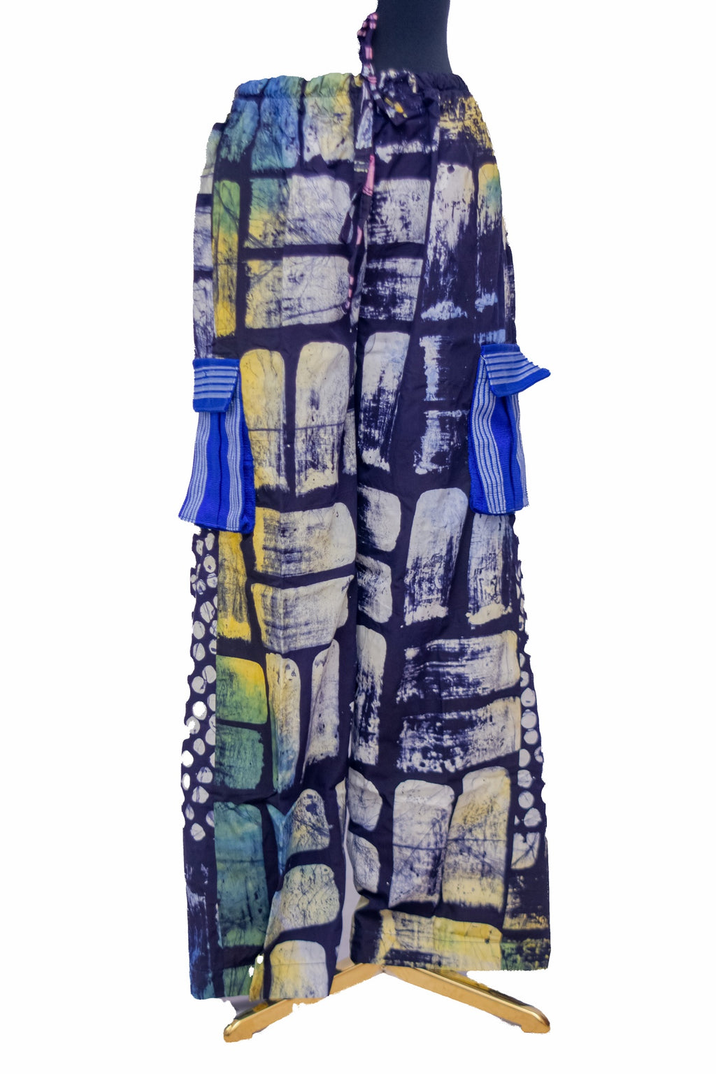 African Batik Wide-Leg Trousers — Navy Blocks Print with Woven Pocket Flaps