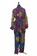 African Batik Co-ord Set — Purple & Gold Spot Print with Belted Shirt & Wide-Leg Trousers