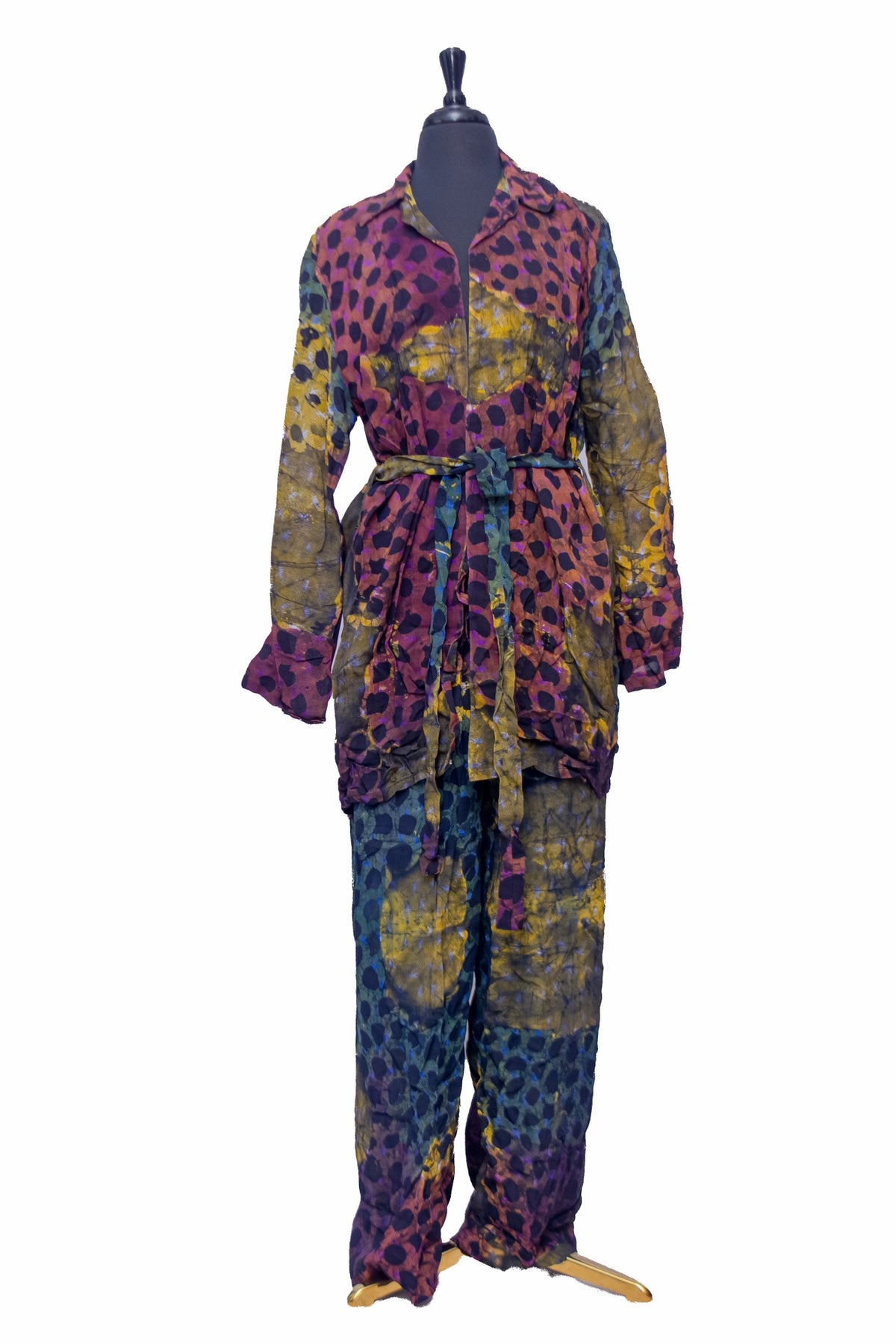 African Batik Co-ord Set — Purple & Gold Spot Print with Belted Shirt & Wide-Leg Trousers